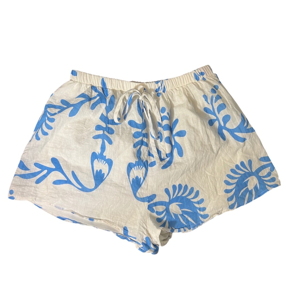 AEVERSE Women's‎ White Blue Floral Print Linen Blend Drawstring Shorts Size S